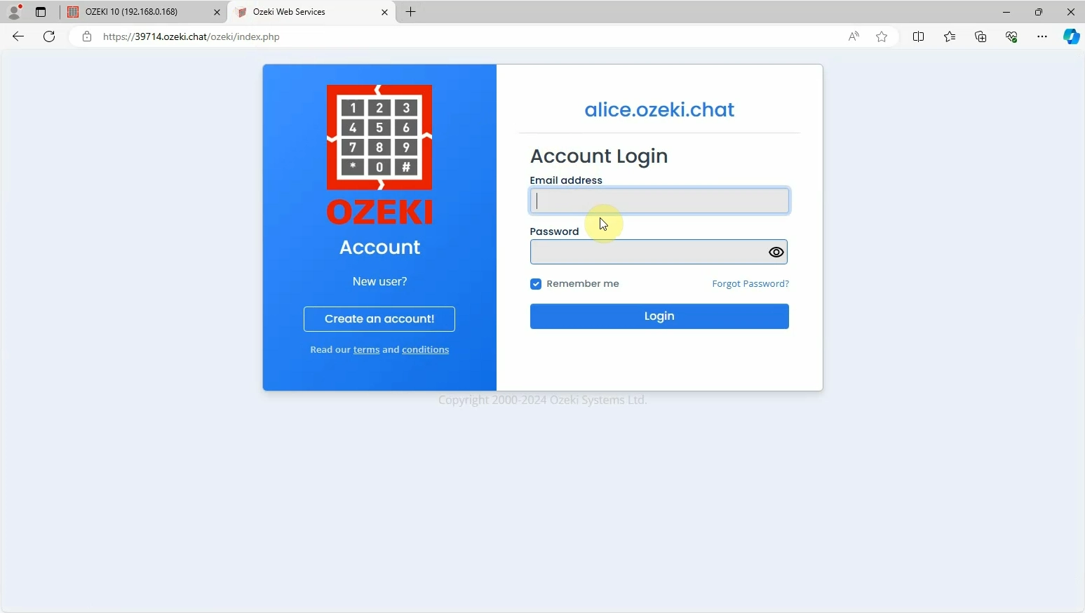 Ozeki Chat server login page