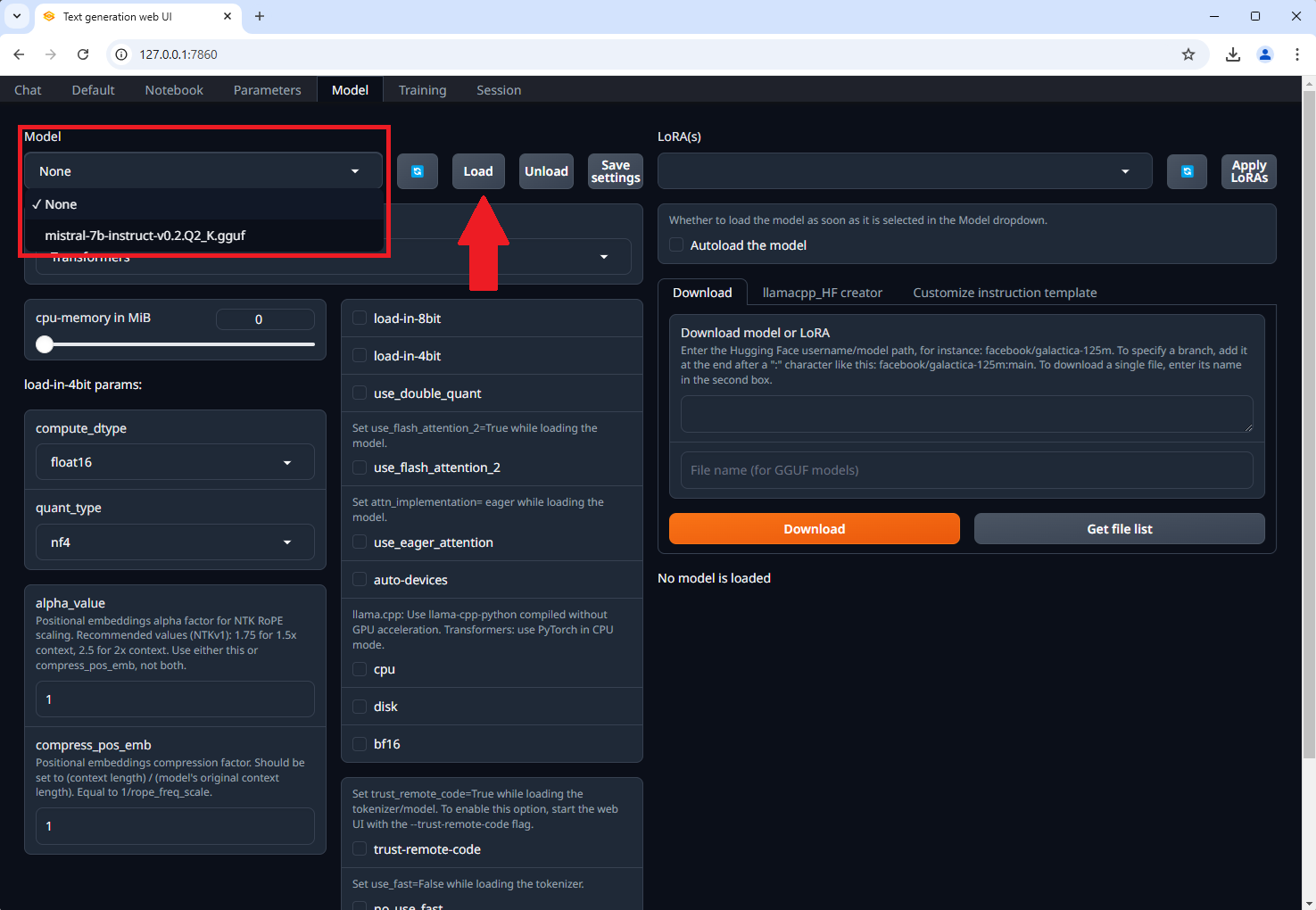 load model in webui