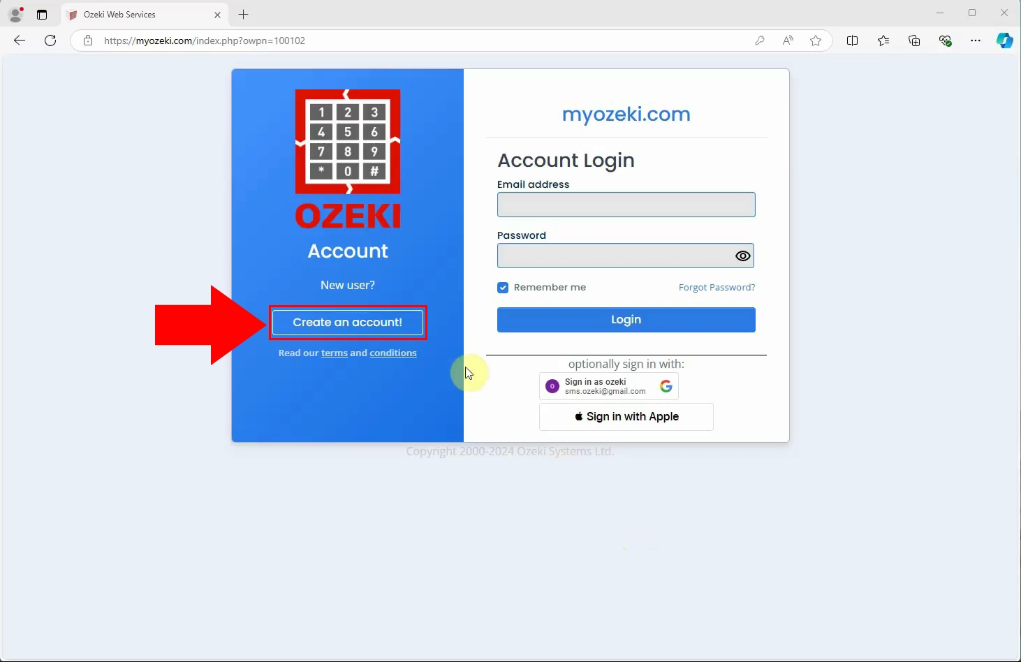 Create new myozeki account