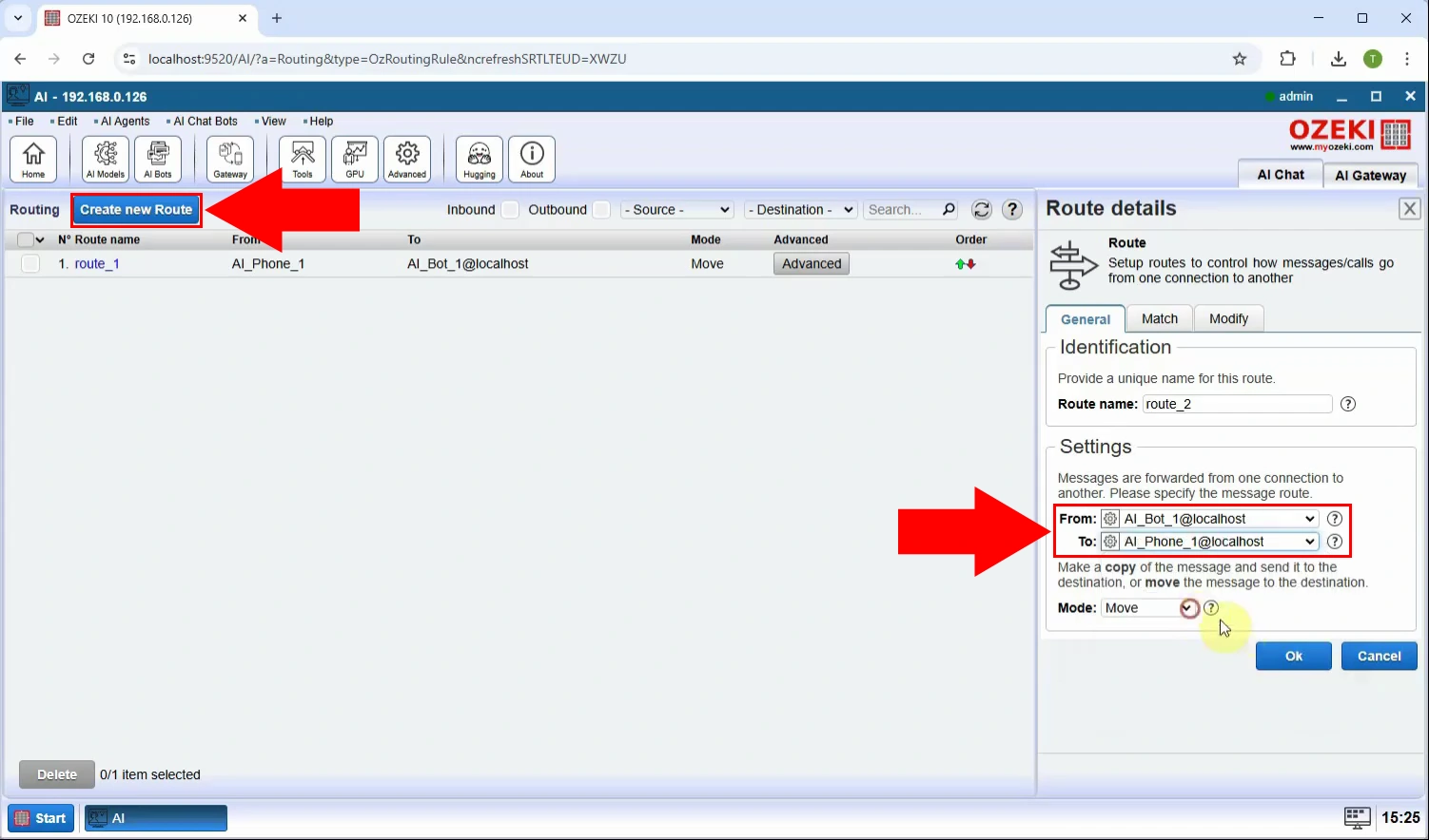 Create new outgoing route